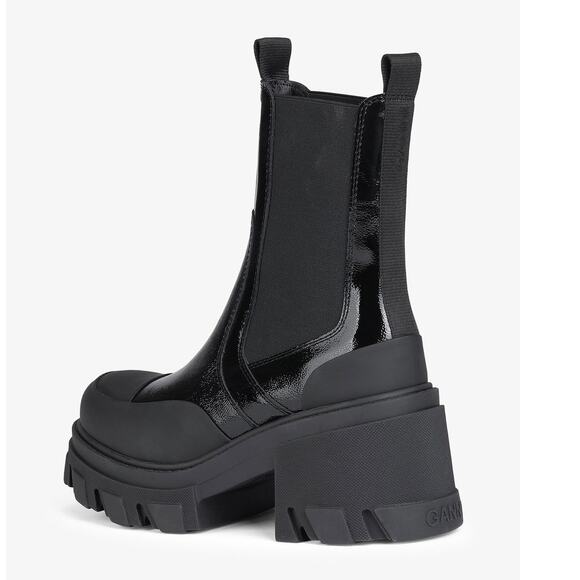 NWOB Ganni Cleated Heeled Mid Chelsea Boots Black Patent Leather Women's Size 39 - Picture 14 of 14